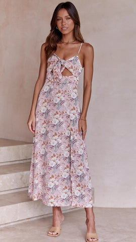 Violet Floral Bowknot Slip Midi Dress