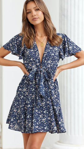 Navy Floral Waist Tie Mini Dress