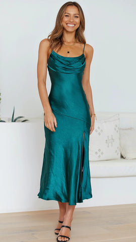 Teal Satin Slip Midi Dress