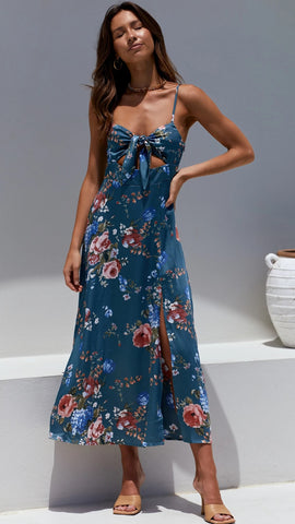 Navy Floral Bowknot Slip Midi Dress