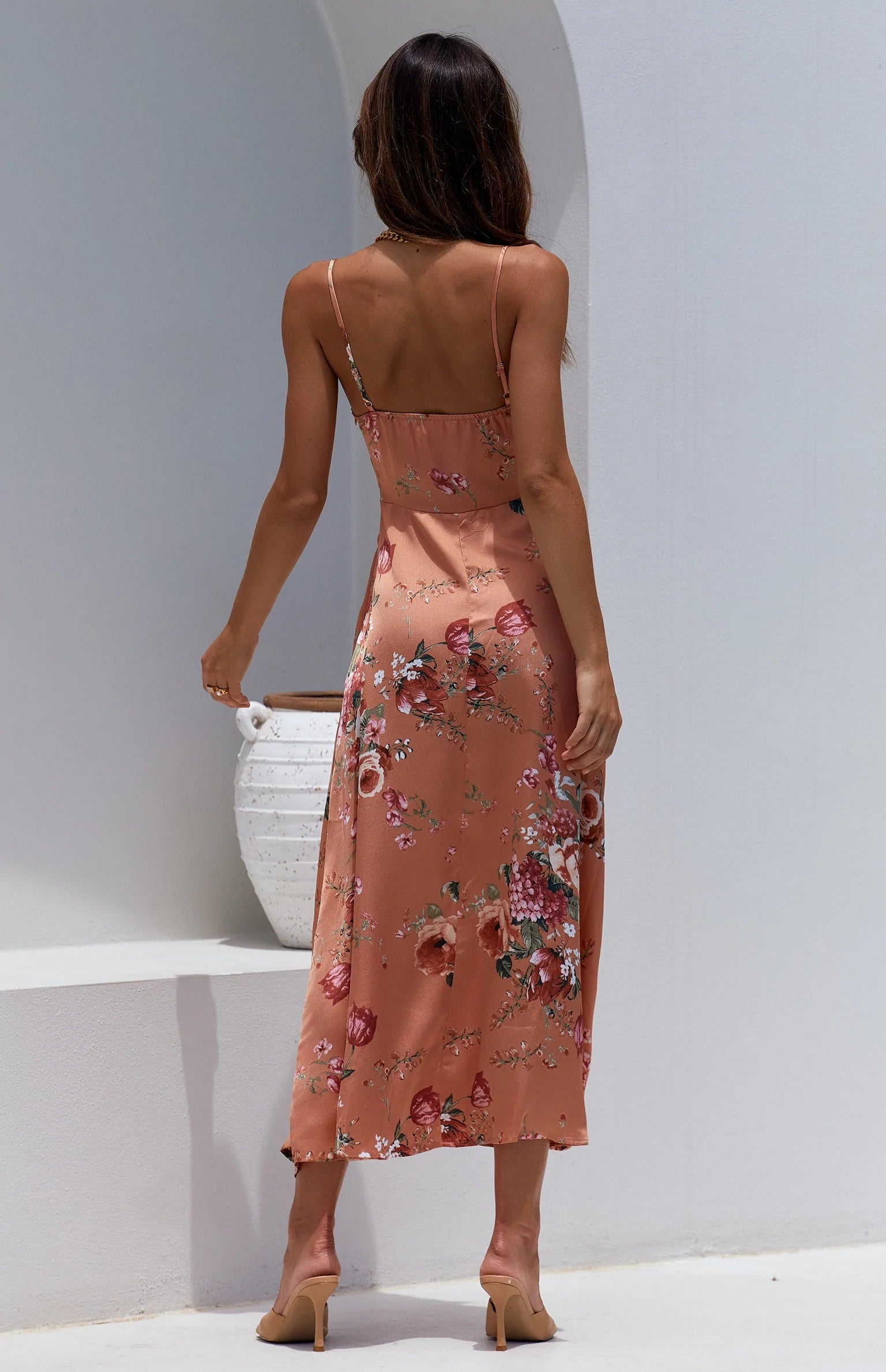 Peach Floral Bowknot Slip Midi Dress
