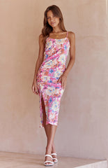 Pink Floral Slim Fit Midi Dress