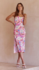 Pink Floral Slim Fit Midi Dress