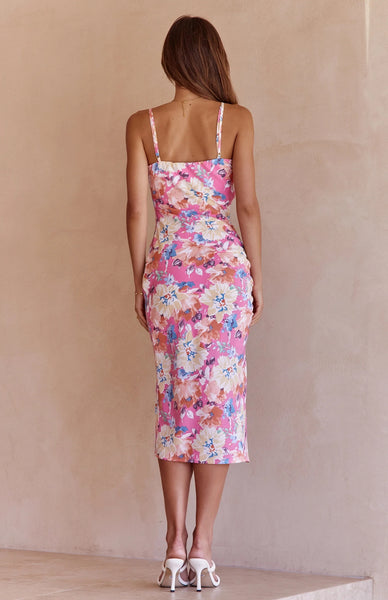 Hot Pink Floral Slip Midi Dress