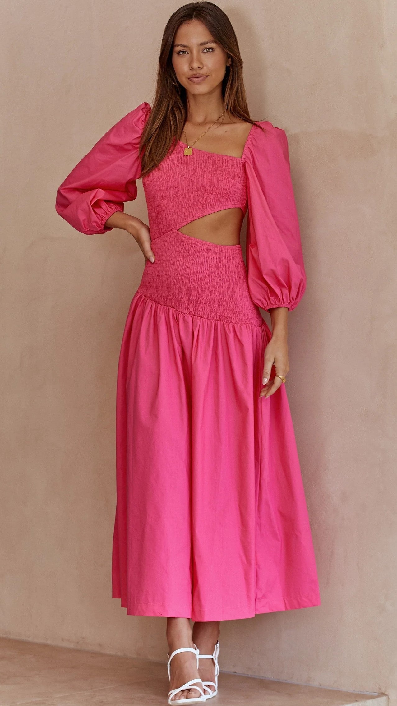 Hot Pink Cutout Long Sleeves Midi Dress