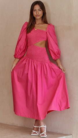 Hot Pink Cutout Long Sleeves Midi Dress