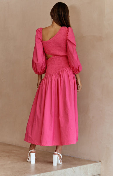 Hot Pink Cutout Long Sleeves Midi Dress