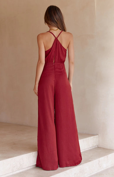 Wine Red Wide-Leg Jumpsuit