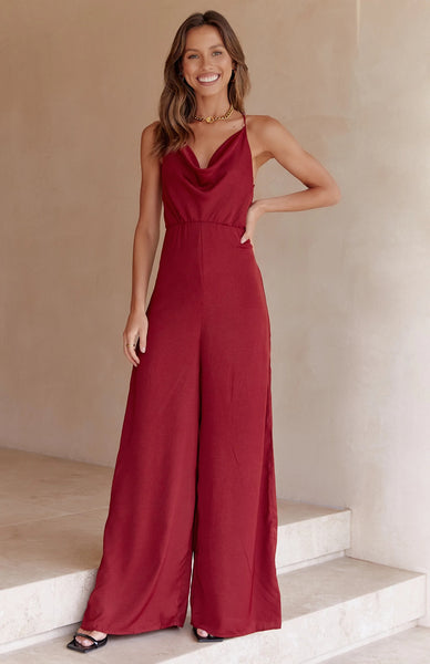 Wine Red Wide-Leg Jumpsuit