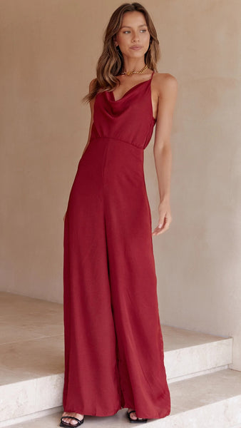 Wine Red Wide-Leg Jumpsuit