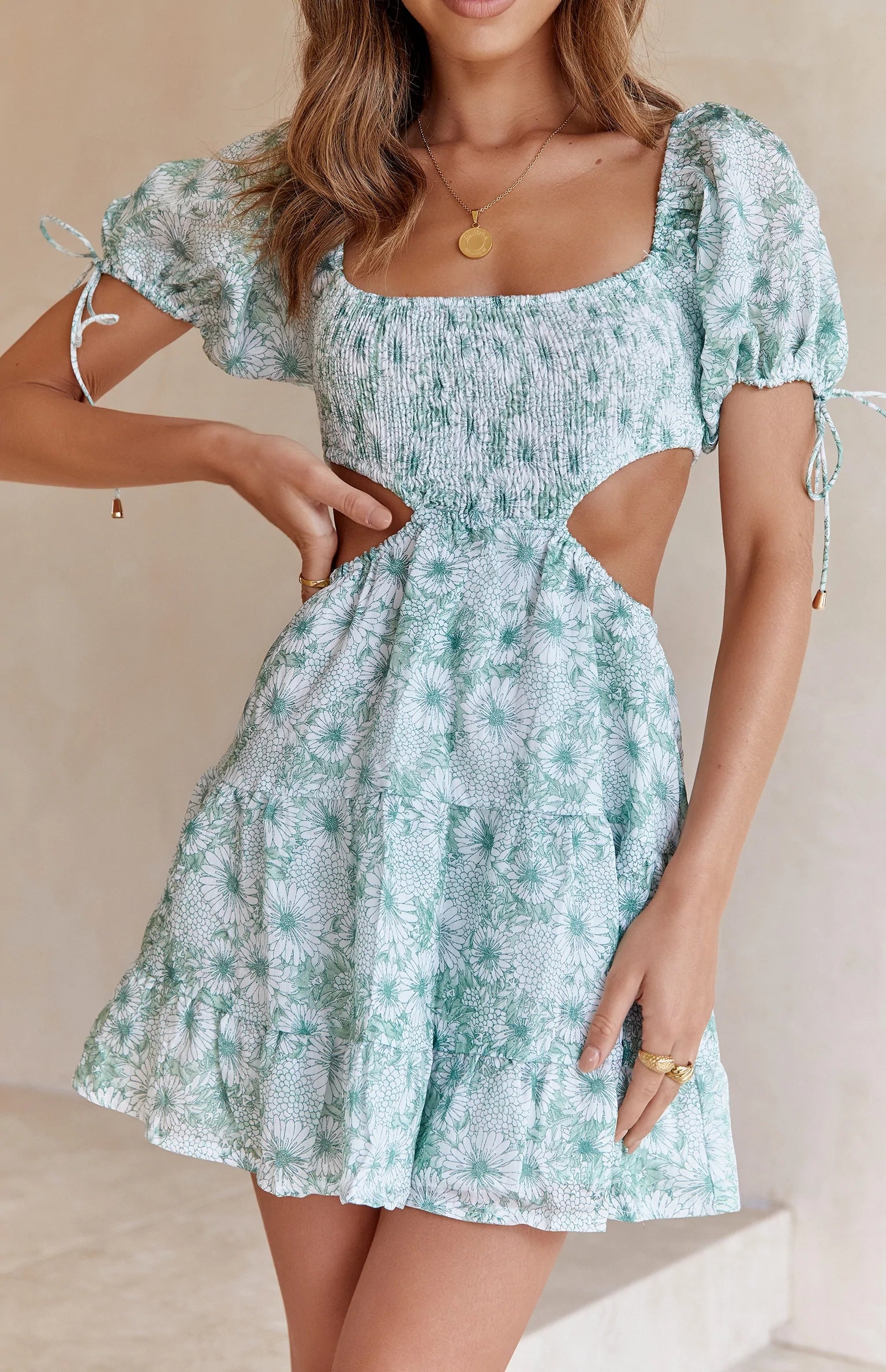 Green Floral Cutout Mini Dress