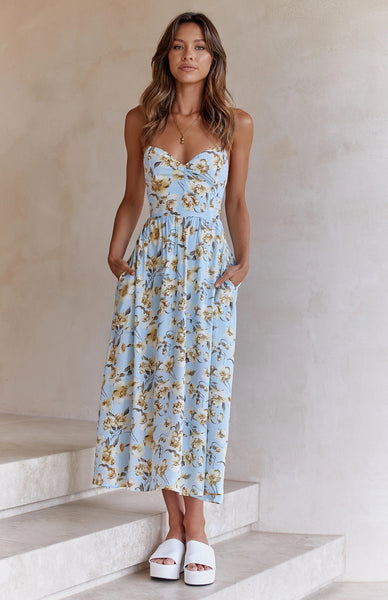 Blue Floral Backless Midi Dress