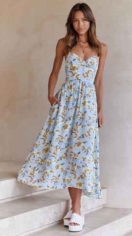 Blue Floral Backless Midi Dress