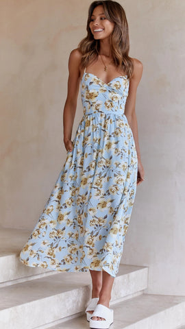 Blue Floral Backless Slip Midi Dress