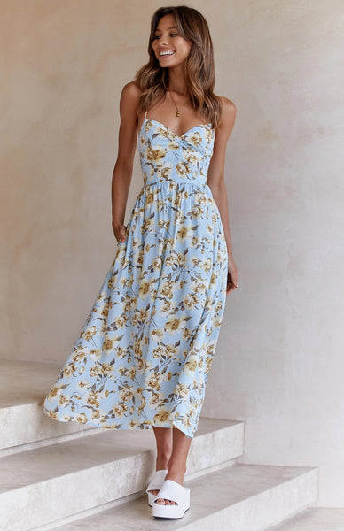 Blue Floral Backless Midi Dress