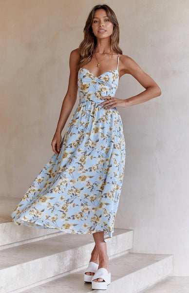 Blue Floral Backless Midi Dress