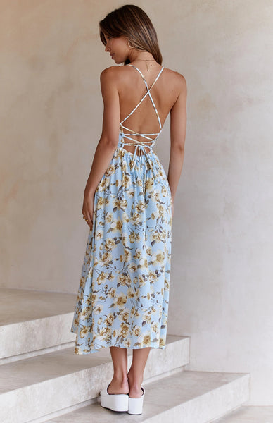 Blue Floral Backless Midi Dress