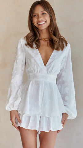 White Textured Surplice Romper