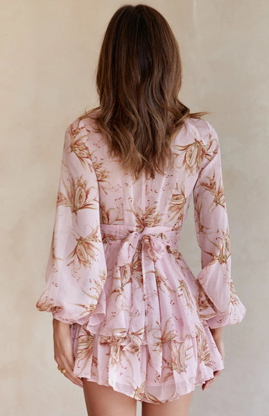 Pink Wheat Print Surplice Romper