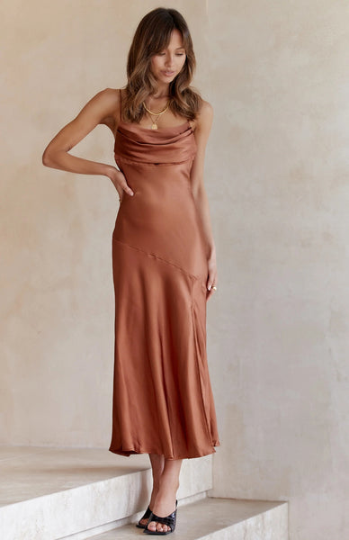 Brown Satin Slip Midi Dress