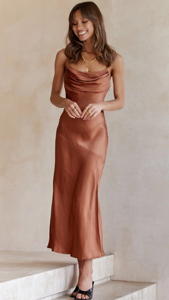 Brown Satin Slip Midi Dress