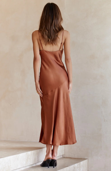 Brown Satin Slip Midi Dress