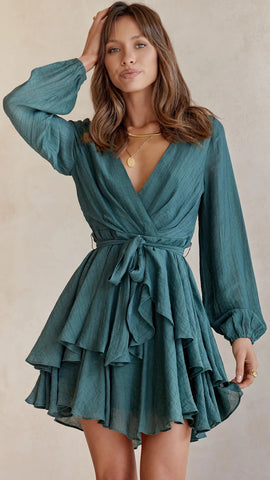 Teal Waist Tie Surplice Dress