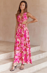Fucshia Floral Cutout Backless Midi Dress