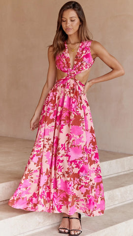 Fucshia Floral Cutout Backless Midi Dress