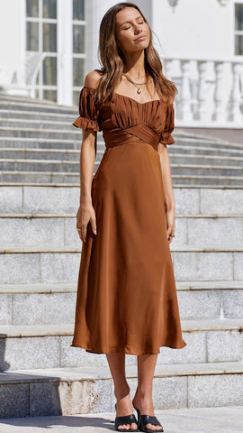 Chocolate Off Shoulder Midi Dress