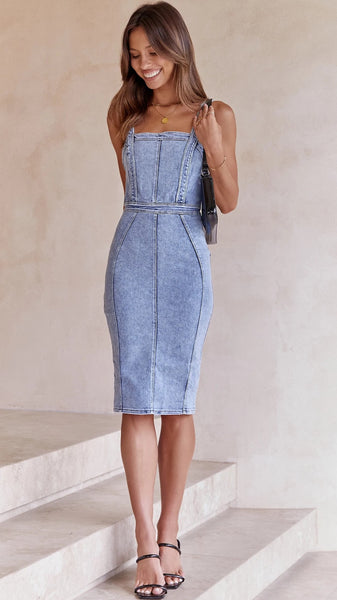 Blue Denim Pencil Midi Dress