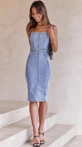 Blue Denim Pencil Midi Dress