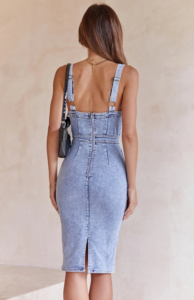 denim midi pencil dress Esme Denim Midi Dress in Blue