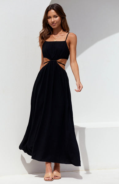 Black Cutout Waist Midi Dress