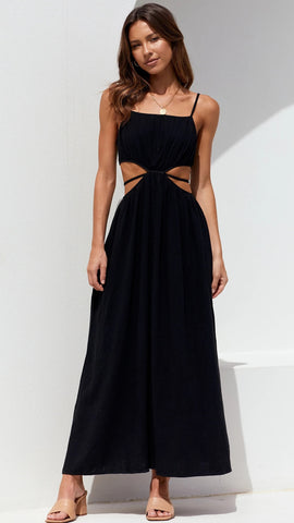 Black Cutout Waist Midi Dress