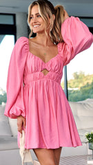 Pink Long Sleeves Pleated Mini Dress