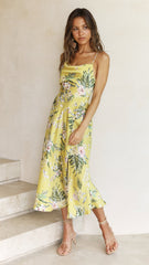 Yellow Tropical Print Cami Midi Dress