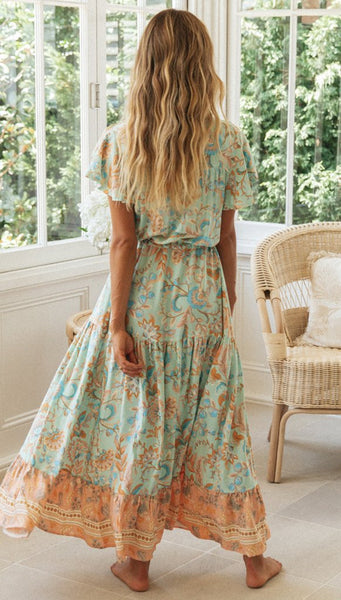 Mint Green Floral Boho Buttoned Dress