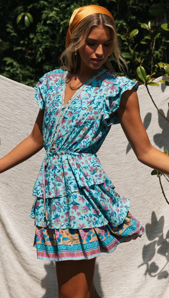 Blue Floral Buttoned Withdraw Dress