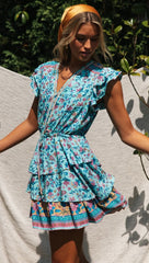 Blue Floral Buttoned Withdraw Dress