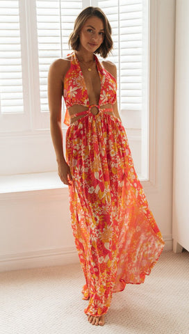 Vibrant Orange Floral High Slit Dress