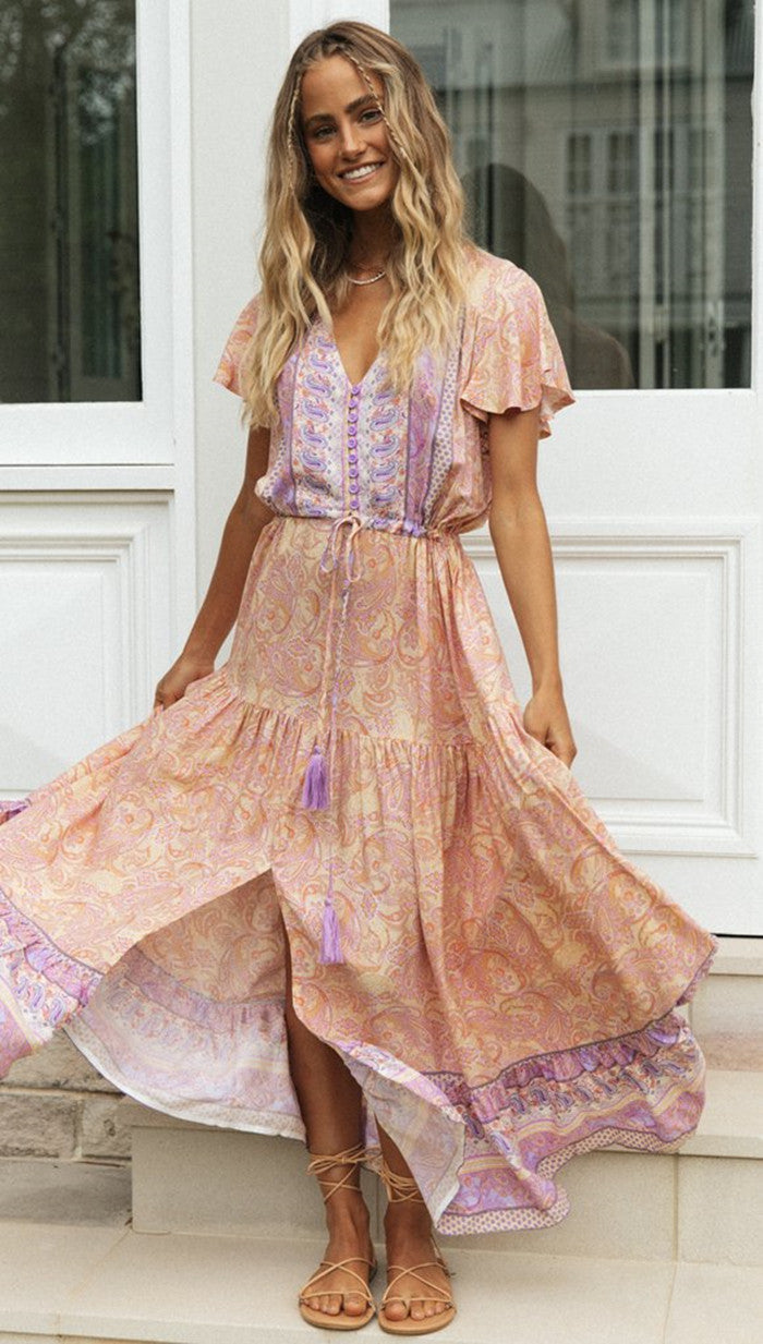 Coral Pink Floral Boho Buttoned Dress
