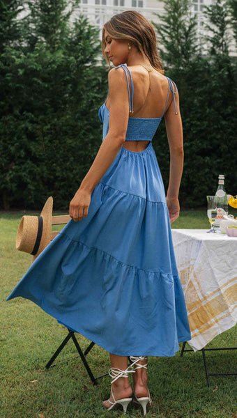 Blue Pleated Slip Midi Dress