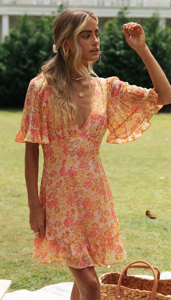 Orange Floral Backless Dress