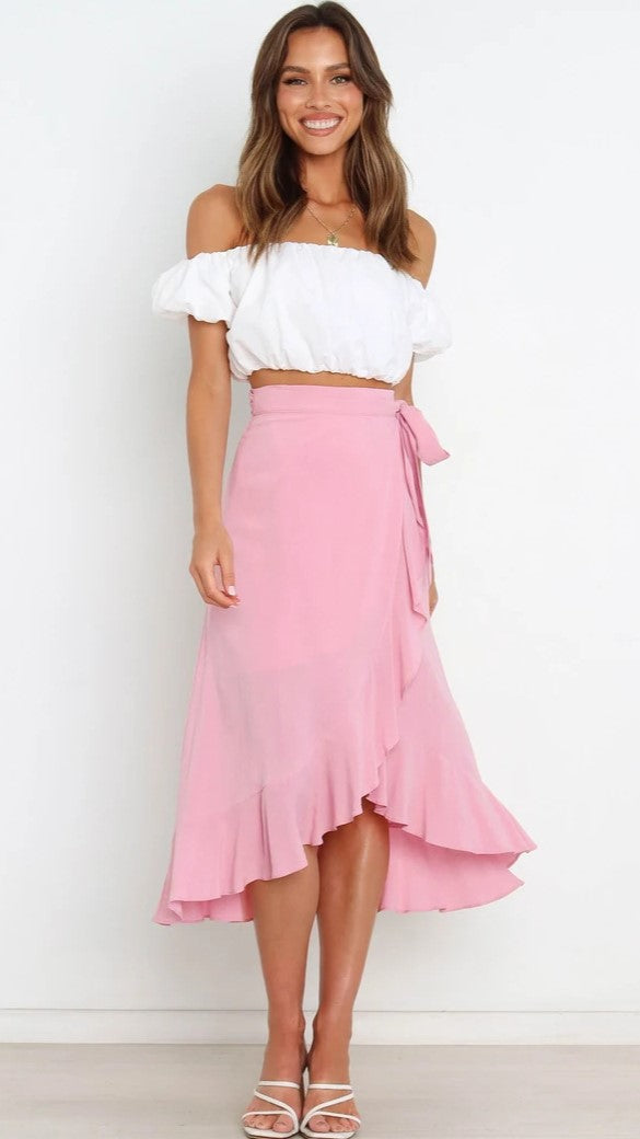 Peach Pink Waist Tie Midi Skirts