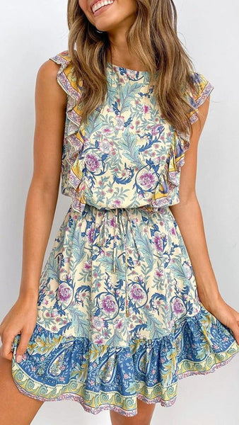 Multicolor Floral Sleeveless Frill Trim Dress