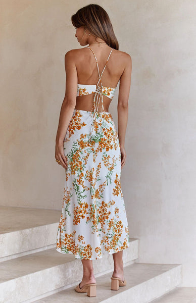 White Floral Cutout Waist Slip Dress