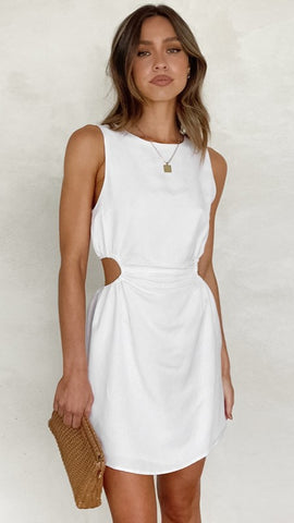 White Cutout Waist Mini Dress