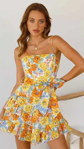 Yellow Rose Print Slip Dress