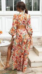 Multicolor Floral Knot Top and High Slit Skirt Sets
